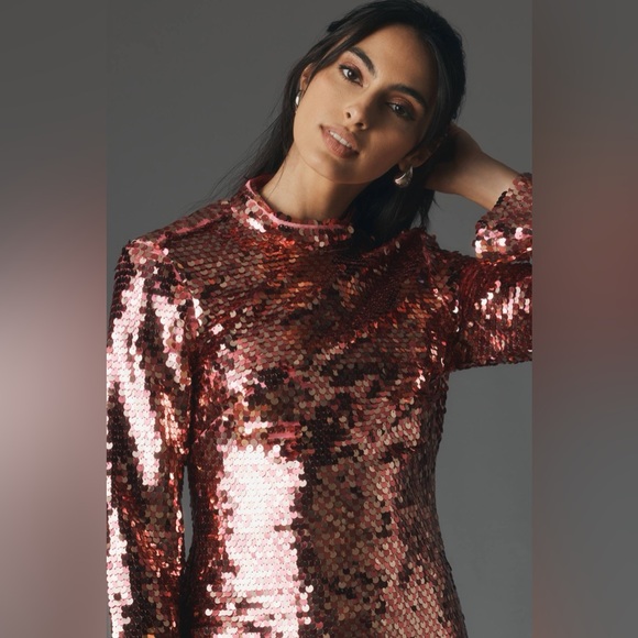 Anthropologie Maeve Long-Sleeve Mock-Neck Sequin Mini Dress pink shimmer sz L - Picture 4 of 7